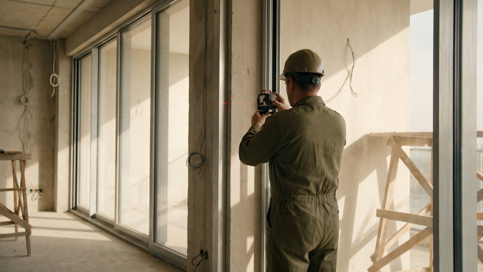 Inspektor Atesta sprawdza montaż okna aluminiowego poziomicą laserową — kadr z filmu.
