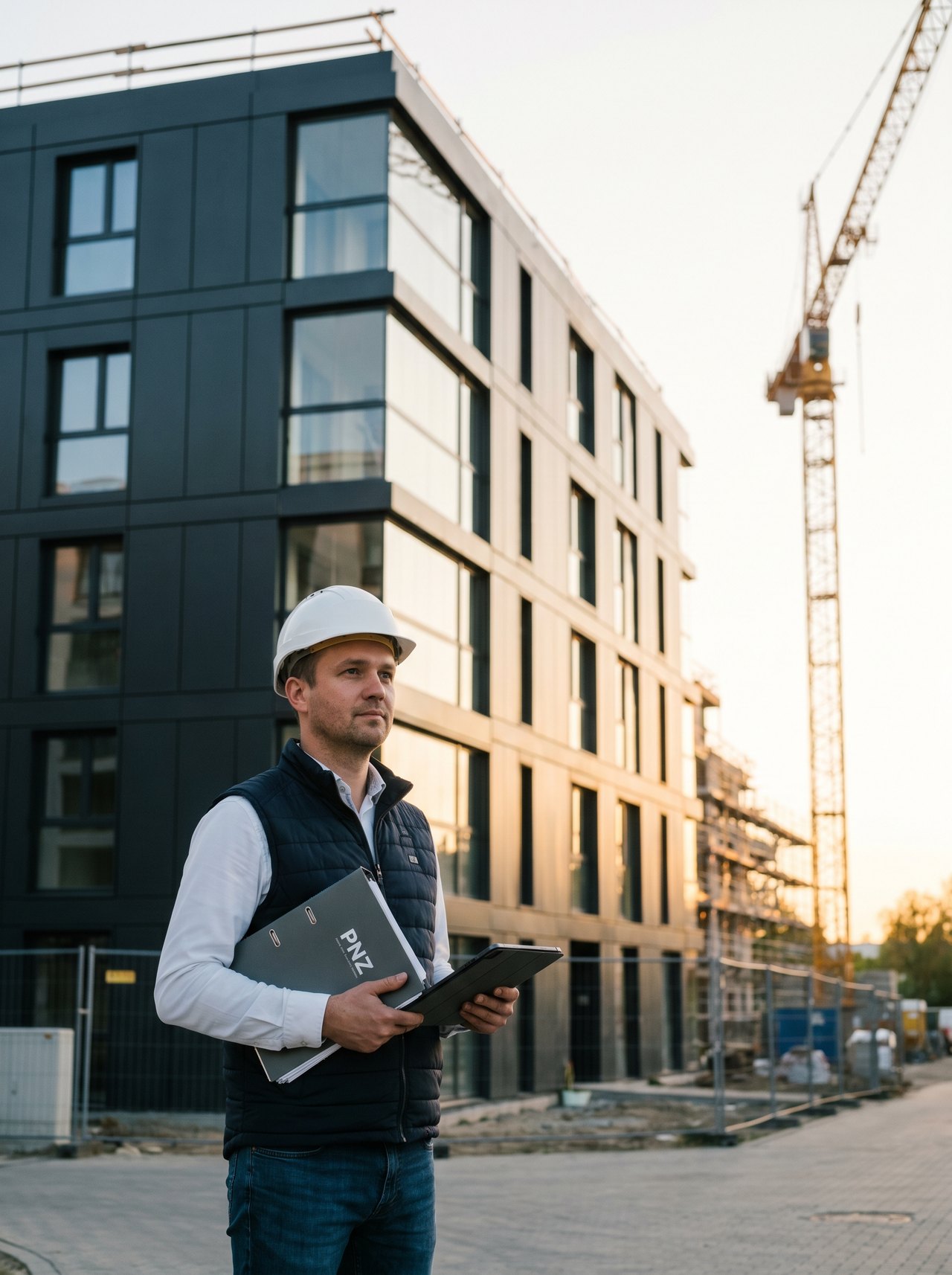 Dyrektor techniczny dewelopera mieszkaniowego z teczką dokumentów PNZ i tabletem stoi przed nowo wykończonym budynkiem mieszkalnym premium z fasadą aluminiową Schüco antracyt — przygotowanie do kontroli PINB