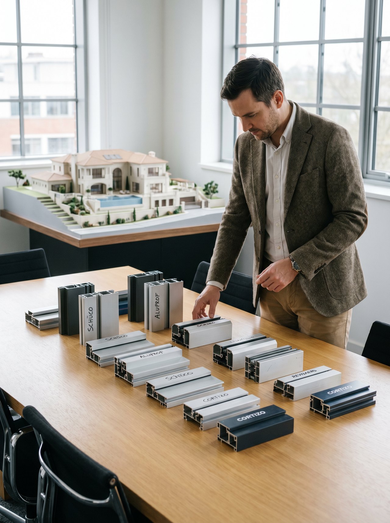 Architekt prowadzący w smart casual ogląda próbki profili aluminiowych Schüco, Aluprof, Reynaers i Cortizo ułożone obok siebie na stole konferencyjnym w pracowni architektonicznej z makietą willi premium w tle