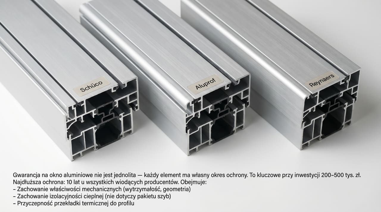 Trzy przekroje profili aluminiowych z etykietami producentów Schüco, Aluprof i Reynaers na białym tle, dokumentujące różne systemy z oddzielnymi kartami gwarancyjnymi