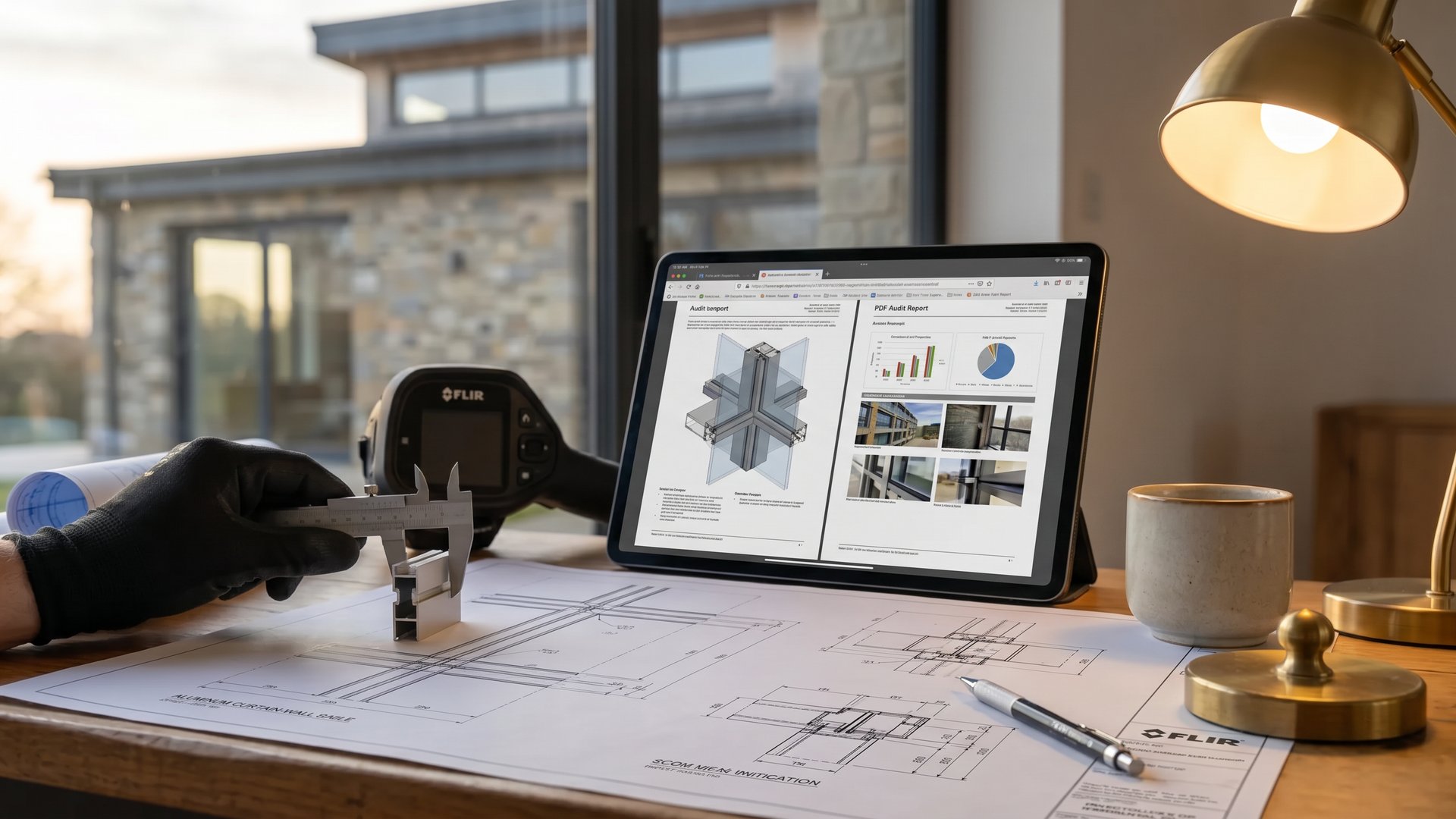 Flat-lay biurka audytora: projekty fasady curtain-wall, tablet z protokołem audytu, suwmiarka w dłoni w czarnej rękawicy, kamera FLIR, mosiężna lampa, espresso
