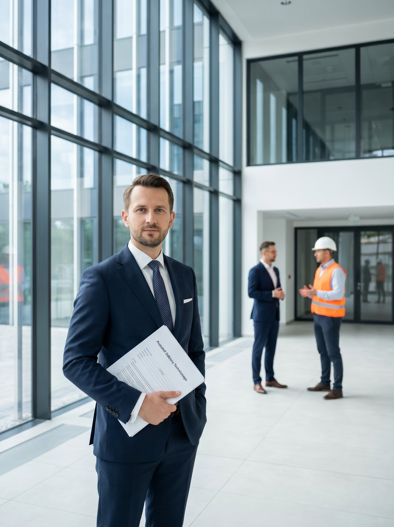 Dyrektor inwestycji w garniturze z protokołem odbioru technicznego stoi w nowoczesnym lobby biurowca klasy A z curtain wall Schüco FWS 50, w tle architekt i kierownik budowy, przeszklenia do podłogi