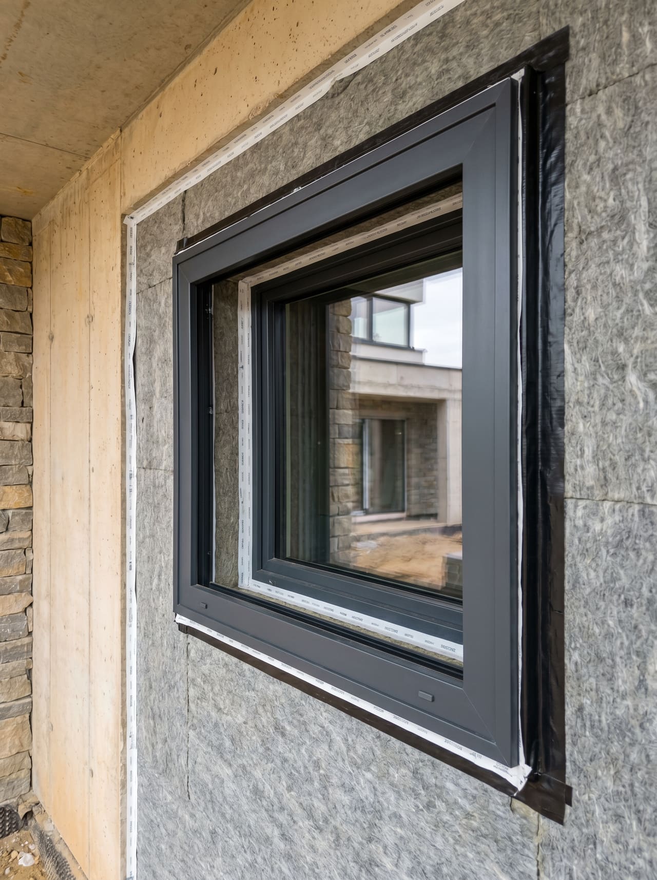 Okno aluminiowe premium z antracytową ramą montowane warstwowo w przegrodzie zewnętrznej willi — widoczna warstwa wełny mineralnej, taśma paroszczelna wewnętrzna i taśma paroprzepuszczalna zewnętrzna