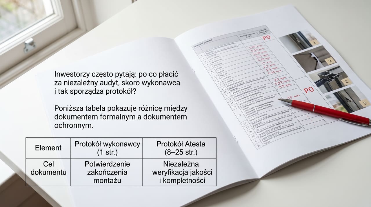 Profesjonalny protokół odbioru stolarki aluminiowej z tabelą znalezisk P0 P1 P2, zdjęciami defektów i odniesieniami do norm PN-EN