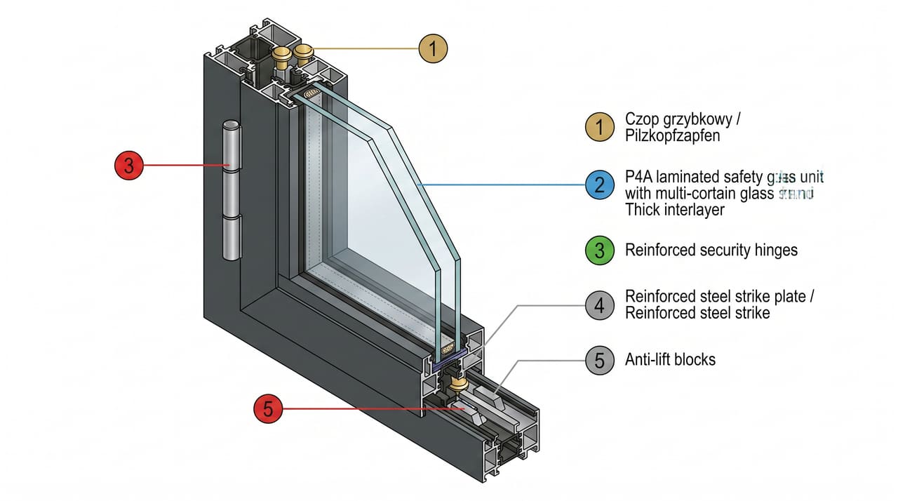 Przekrój techniczny okna antywłamaniowego RC2 aluminium z zaznaczonymi elementami systemu: czopy grzybkowe, szyba P4A, zawiasy bezpieczeństwa, płyta odryglowania, blokady przeciwwypchnięcia