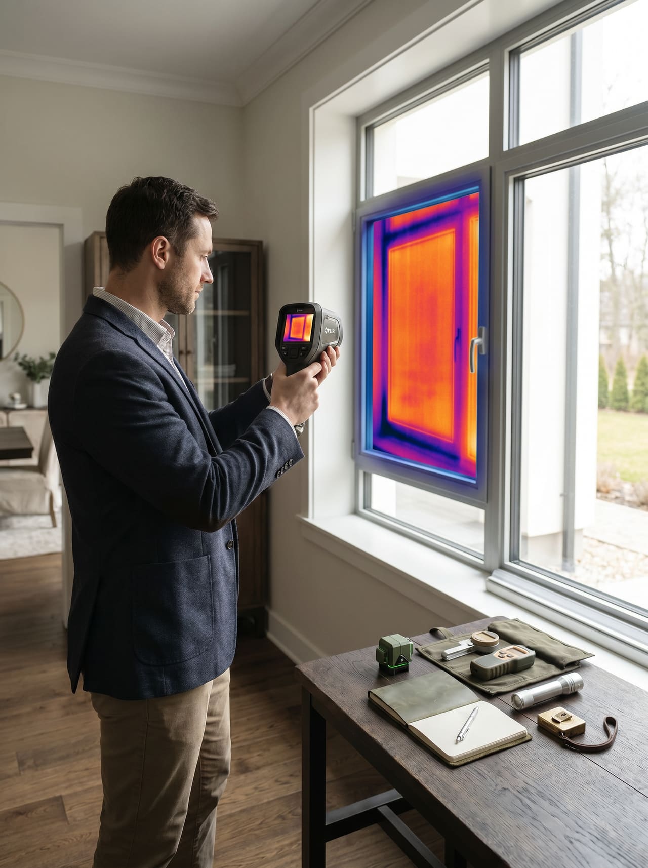 Audytor energetyczny mierzy kamerą termowizyjną FLIR okno aluminiowe w willi premium — gradient temperatur ujawnia mostki cieplne i nieszczelności montażowe w ramie i ościeżu